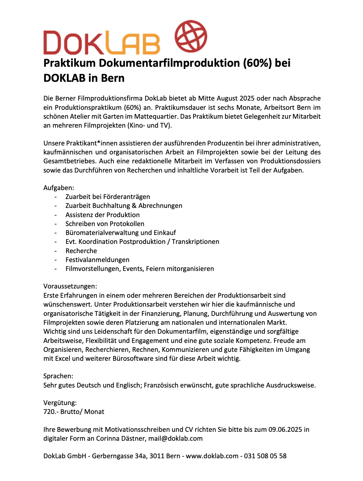 Stellenbeschrieb Praktikum